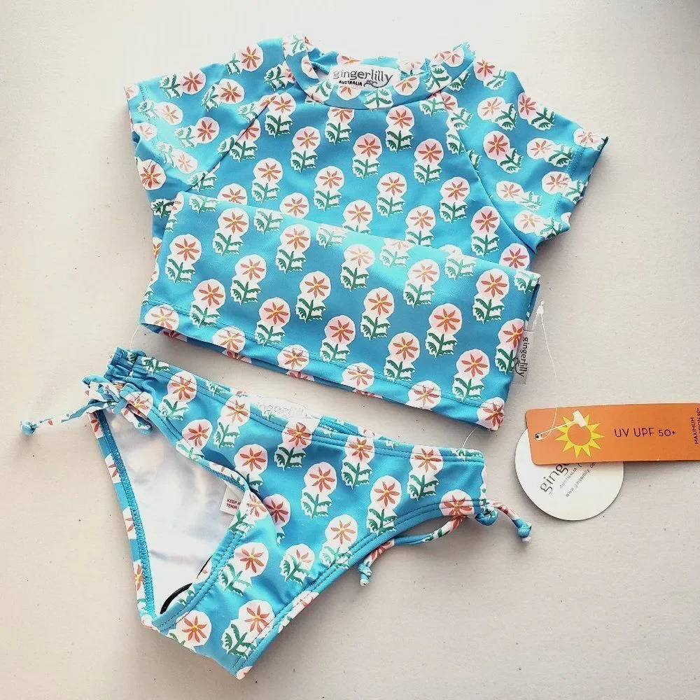Ginger Lilly Australia Rash Guard Toddler 2 Piece Swim Suit Size 2T Blue Floral